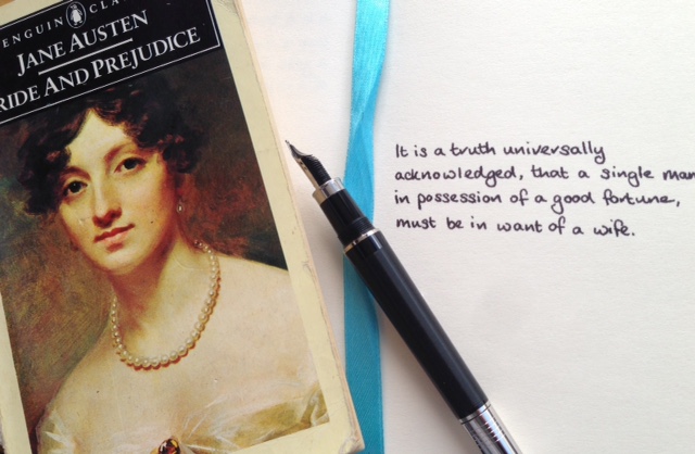 Copy of Pride and Prejudice with the opening lines copied into a notebook